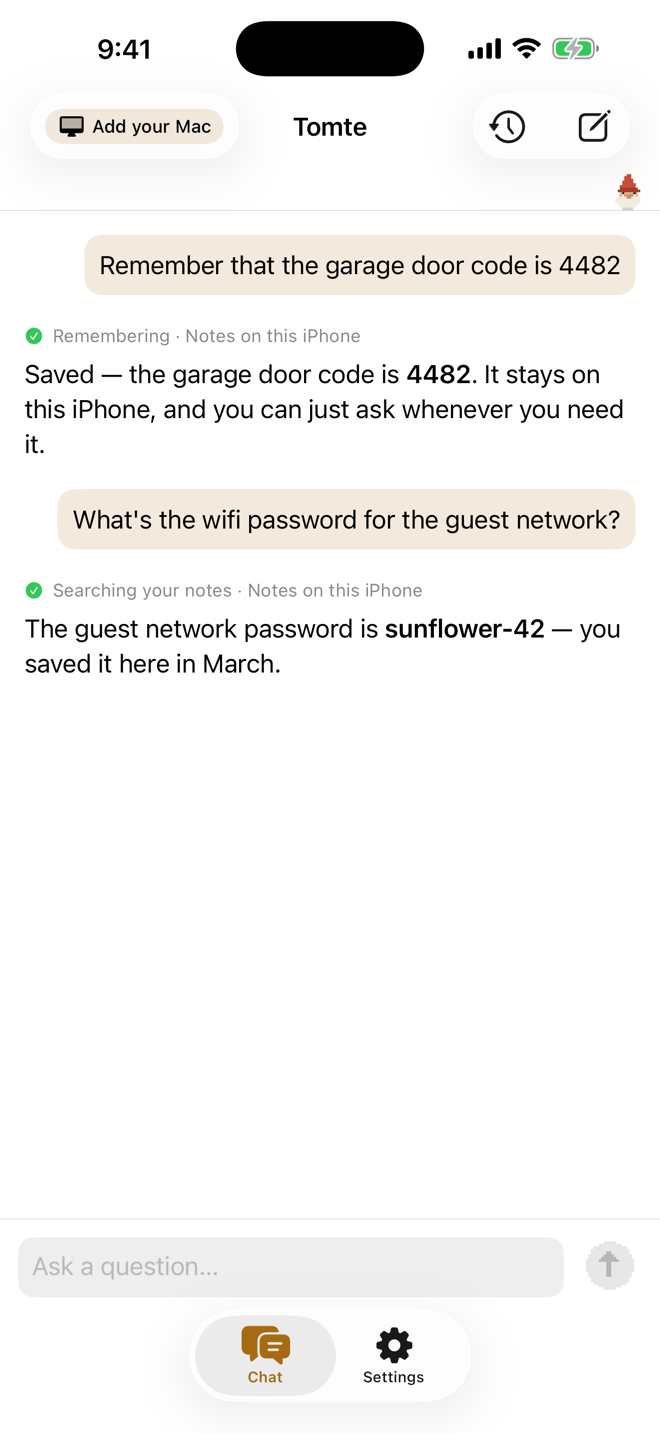Tomte on iPhone remembering a garage door code and recalling a saved guest wifi password, all on the device