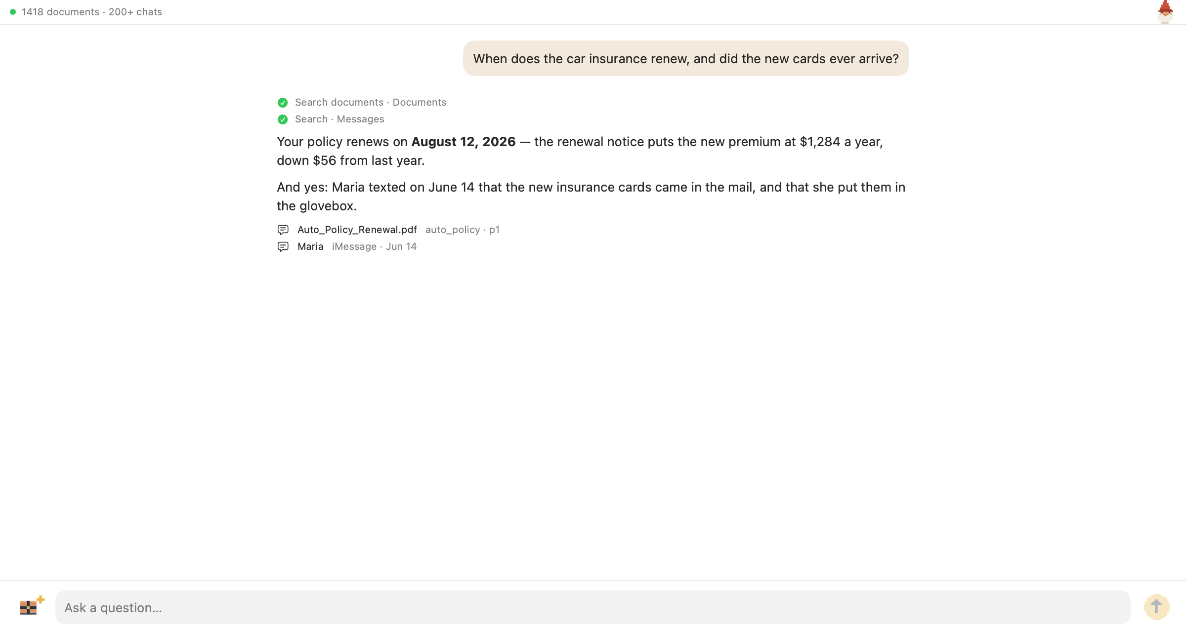 Tomte on the Mac answering “when does the car insurance renew?” with the renewal date and premium, citing the policy PDF and an iMessage