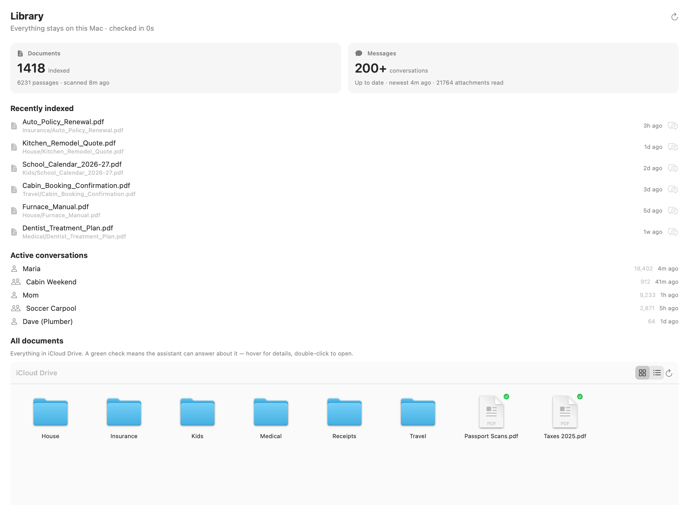 Tomte's Library on the Mac: 1,418 documents indexed, 200+ conversations, recently indexed files and the iCloud Drive browser