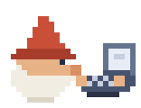 Tomte is typing at a laptop and thinking